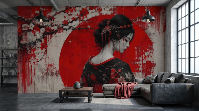 Japanese Geisha Wallpaper Red Sun Mural Peel and Stick Sakura Blossom ...