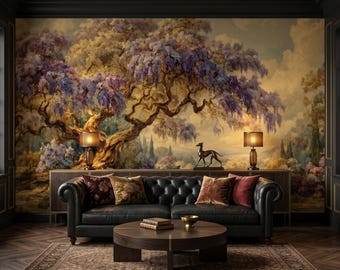 Mural de glicinias vintage, papel pintado autoadhesivo floral morado, vinilo no tejido.
