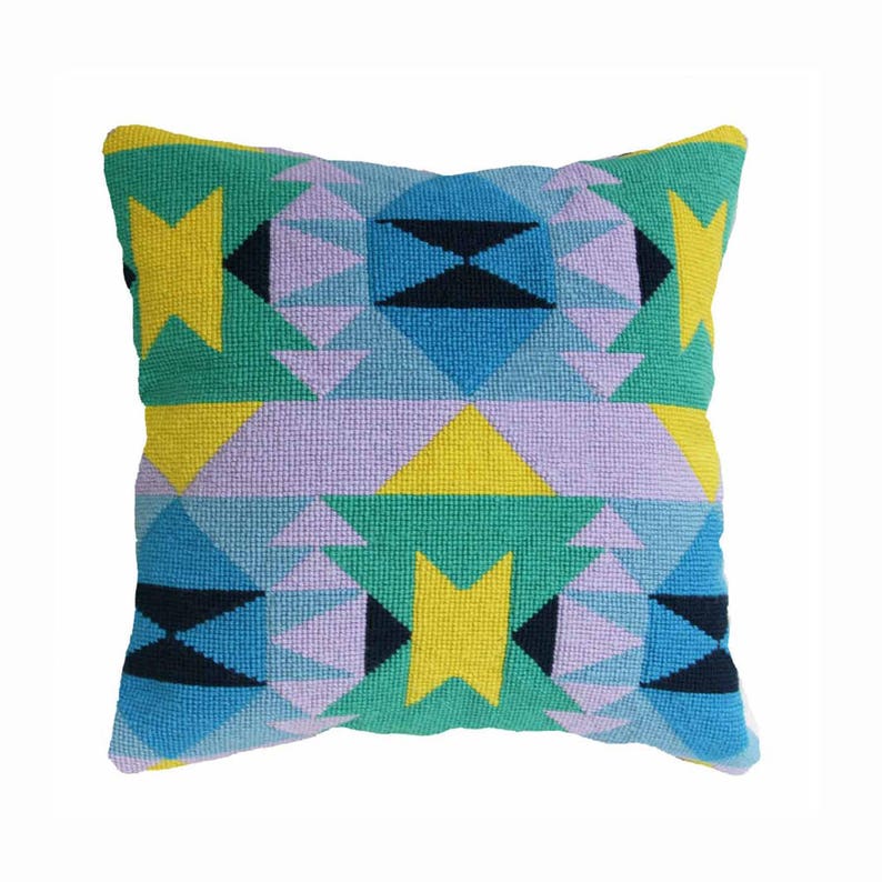 Modern Needlepoint Kit, Geometric Shapes, Blue and Green Colorway Etsy UK