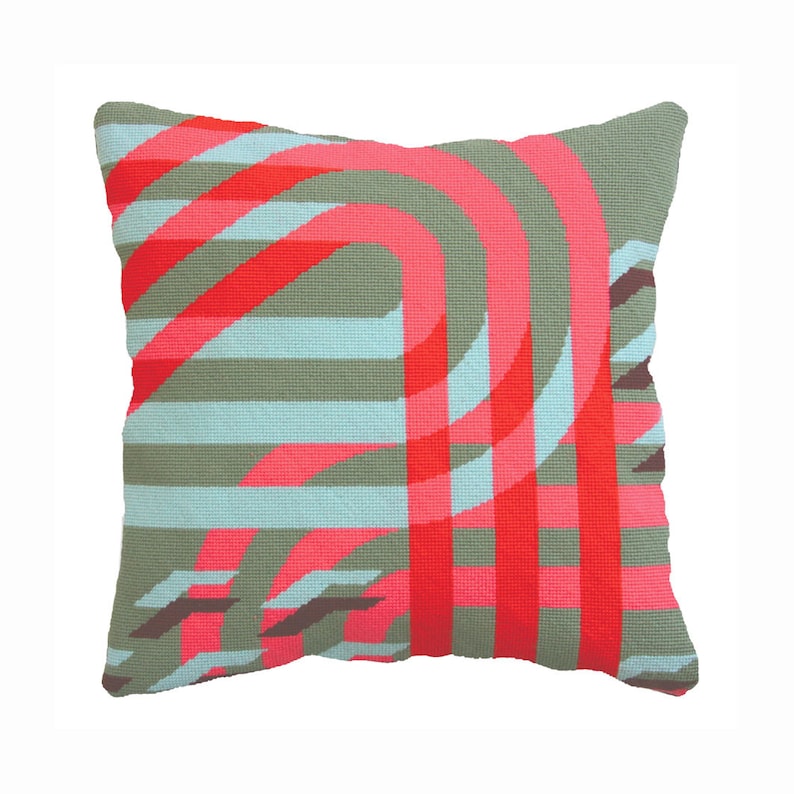Modern Needlepoint Kit, Geometric, Needlepoint Pillow Kit, Green Pink