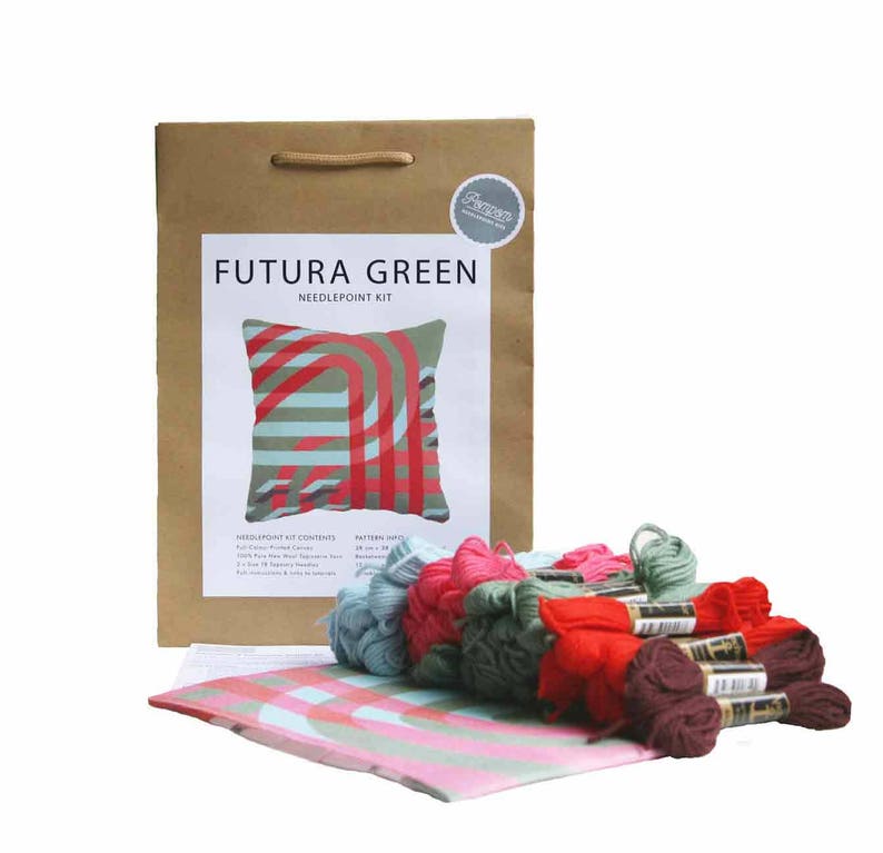 Modern Needlepoint Kit, Geometric, needlepoint pillow kit, Green pink and blue image 2