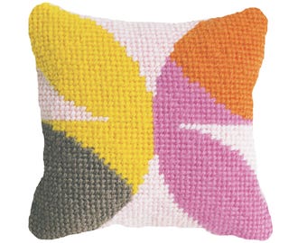 Modern needlepoint kit, mini kit, Geometric curves, pink and yellow colourway