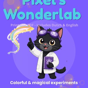 Op de afbeelding: Een paarse boekomslag met de titel "Pixel's Wonderlab" in turquoise. Het toont een cartoon zwarte kat met een bril en een labjas, die een boek vasthoudt. De tekst "Colorful & magical experiments" is ook aanwezig.