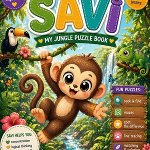 Op de afbeelding: Een kleurrijk kinderpuzzelboek met de titel "On an Adventure with SAVI: My Jungle Puzzle Book". De omslag toont een cartoon aap, toekan en kameleon in een jungle-omgeving. Bevat "Fun Puzzles" zoals zoek & vind en doolhoven.