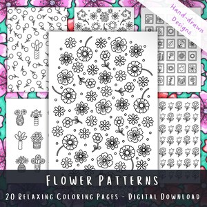 Könnte beinhalten: Eine Sammlung von zwanzig schwarz-weißen Malvorlagen mit verschiedenen Blumenillustrationen, darunter Muster einzelner Blumen, Blumensträuße in Vasen und kleine gerahmte botanische Designs mit dem Text Hand-drawn Designs und Flower Patterns.