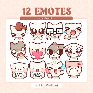 Könnte beinhalten: Eine Sammlung von 12 weißen Katzen-Emotes mit verschiedenen Ausdrücken, darunter glücklich, traurig und wütend. Der Text "12 EMOTES" und "white cat" sind oben zu sehen. Der Künstlername "art by Maifumi" steht unten.