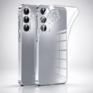 May include: Clear phone case with a silver frame. The case is transparent, showcasing the phone's design. The camera lenses are visible through the case. The case is designed to protect the phone from scratches and impacts.
