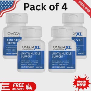 Pode incluir: Quatro frascos de suplementos brancos com rótulos azuis, rotulados como "OMEGA XL JOINT & MUSCLE SUPPORT". Os frascos contêm 60 cápsulas moles e apresentam texto sobre o extrato de óleo de mexilhão de lábio verde. A imagem inclui o texto "Pack of 4".