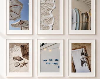 Conjunto de 6 quadros decorativos com tema praiano, estampas neutras de verão, decoração com ondas do oceano, galeria minimalista costeira, download digital, arte para casa de praia.