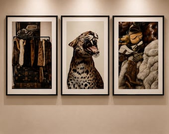 Conjunto de 3 quadros decorativos de moda vintage, estampa de leopardo, gravuras de moda de luxo, galeria de parede neutra estilo anos 2000, arte de parede maximalista, download digital.