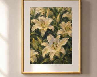 Quadro decorativo vintage com lírio branco, pintura botânica floral, arte com flor de lírio, decoração estilo casa de campo, download digital, decoração neutra para casa.
