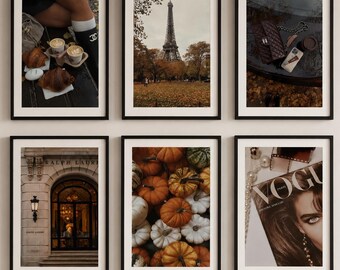 Conjunto de 6 quadros decorativos de outono parisiense, pôsteres de galeria francesa, pôsteres da Torre Eiffel, decoração chique de outono, arte de parede com abóboras, download digital.