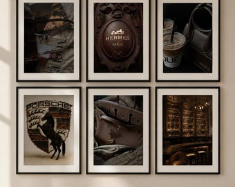 Conjunto de 6 peças de arte de parede em tons de marrom, inspiradas em designers, estilo Dark Academia, perfeitas para decorar seu quarto em tons neutros e aconchegantes. Disponível para download digital.