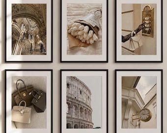 Conjunto de 6 pôsteres de luxo em tons neutros, estilo galeria de parede com estética tradicional e sofisticada, decoração bege elegante, download digital inspirado em Paris e Roma, arte de luxo discreta.