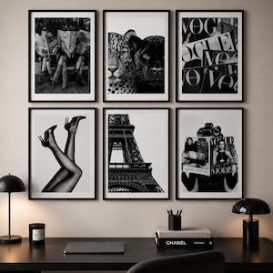 Può includere: Un set da parete composto da sei stampe incorniciate in bianco e nero raffiguranti un leopardo e una pantera, la Torre Eiffel, gambe con tacchi alti e copertine di riviste di moda con testo tra cui Vogue e Louis Vuitton, disposte su due file.