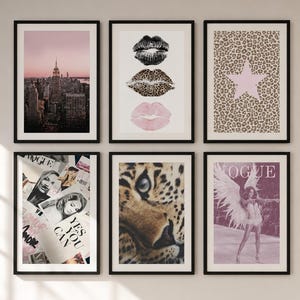 May include: A gallery wall set of six framed prints featuring a New York City skyline at sunset, three stylized lips in black, leopard print, and pink, a leopard print background with a pink star, a collage of magazine clippings, a leopard face, and a model.