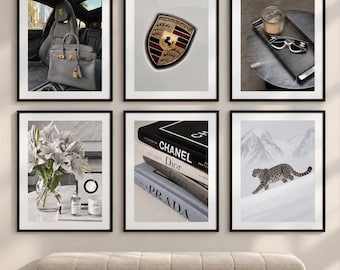 Conjunto de Arte de Parede de Luxo com 6 Peças, Galeria de Parede Imprimível, Impressões em Tons de Cinza, Impressões Estéticas em Preto e Branco, Decoração Inspirada na Moda Porsche, Download Digital