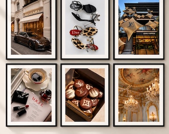 Conjunto de 6 quadros de luxo com estampas de moda, estilo galeria, fotografia de moda em preto e branco, download digital, decoração elegante para casa.
