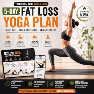 May include: A fitness advertisement promoting a 5-day fat loss yoga plan. The image features a woman in a yoga pose, a tablet and a phone displaying yoga routines, and text highlighting benefits like burning fat and reducing stress.
