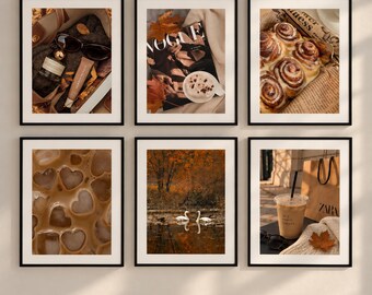 Conjunto de 6 quadros decorativos de outono, aconchegantes impressões para parede com tema outonal, arte imprimível em tons neutros de marrom, decoração para amantes de café e estilo de vida, download digital.