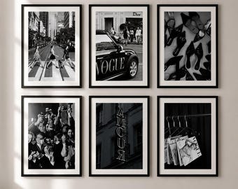 Conjunto de 6 láminas de arte mural de moda en blanco y negro, láminas inspiradas en Vogue, fotografía de moda de lujo, galería de diseño para pared, descarga digital.