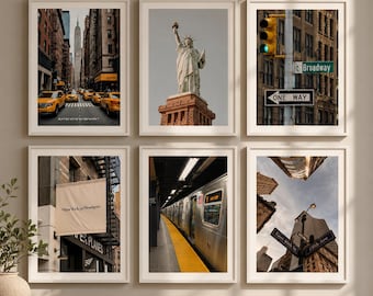 Conjunto de 6 impressões fotográficas de Nova York, incluindo fotografias da cidade, para decoração de parede com imagens de Manhattan, Empire State Building e temas modernos da cidade. Disponível para download digital.