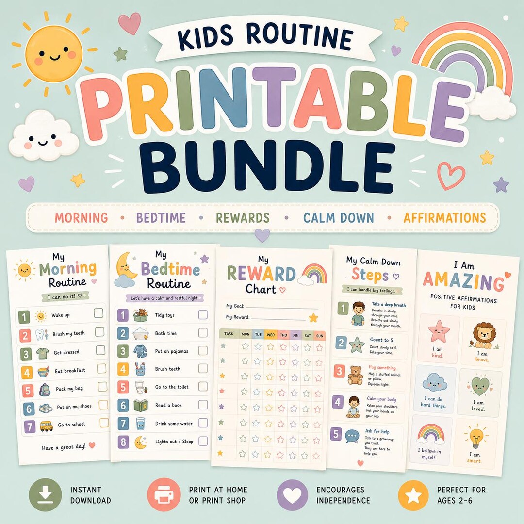 Kids Routine Chart Bundle Printable, Morning Bedtime Routine Chart ...