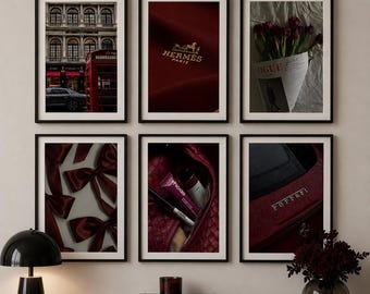 Conjunto de 6 quadros decorativos em tons de vinho, estampas de moda luxuosas em tons escuros, decoração com estética tradicional, galeria de parede vermelha, download digital inspirado em designers.