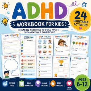 Può includere: Un colorato quaderno di esercizi ADHD per bambini con 24 attività stampabili. La copertina mostra il titolo in grassetto, con vari fogli di attività visibili sotto, tra cui definizione degli obiettivi, toolbox della calma e check-in giornalieri.