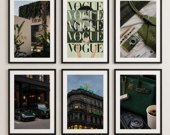 Conjunto de 6 quadros de luxo em tons de verde, pôsteres para parede com estilo de galeria de moda, arte imprimível em estilo Vogue, decoração estética de designer, download digital.