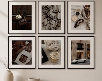 Conjunto de 6 láminas decorativas de pared en tonos neutros marrones, estilo galería de lujo, decoración estilo Chanel, pósteres con estética moca, descarga digital.