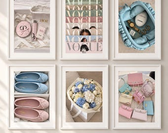 Conjunto de 6 quadros de luxo para parede, em tons pastel, estilo galeria, decoração inspirada em designers, estampas em tons de rosa e azul no estilo Vogue, download digital.