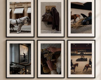 Conjunto de 6 peças de arte de parede equestre de luxo, gravuras de cavalos, decoração clássica, arte de parede em tons neutros de marrom, galeria de parede vintage de luxo, download digital.
