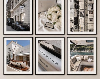 Conjunto de 6 peças de arte de parede de luxo com tema de moda, impressões de parede de galeria de design, download digital com estética neutra, decoração para carros e iates da moda, arte para imprimir.