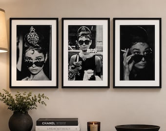 Conjunto de 3 pôsteres de Audrey Hepburn | Impressões de moda vintage em preto e branco | Decoração da Era de Ouro de Hollywood | Galeria de parede para imprimir | Download digital