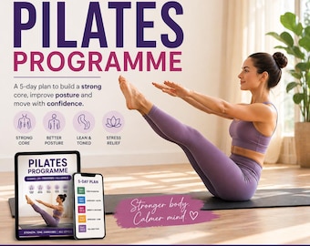 Plano de treino de Pilates em PDF | Programa de Pilates de 5 dias para força, tonificação e flexibilidade | Guia de treino em casa para abdômen, glúteos e corpo todo