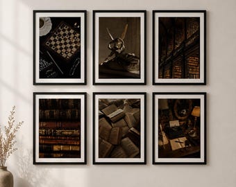Conjunto de 6 peças de arte de parede estilo Dark Academia, gravuras vintage de biblioteca, decoração com livros antigos e sombrios, galeria de parede gótica, arte de parede para imprimir, download digital.