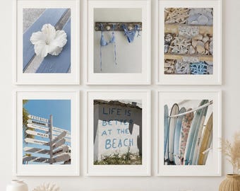 Conjunto de 6 pôsteres digitais para imprimir com tema praiano, arte para parede de galeria, fotografia de prancha de surfe e conchas, decoração para casa de praia. Ideal para download em formato digital.
