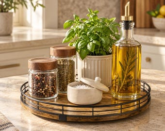 Rustic Wooden Lazy Susan Turntable With Black Metal Rail | Spice Organizer | Cabinet Organizer | Kitchen Organizer | Pantry Organizer