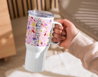 Custom Name Abstract Travel Mug With a Handle, Personalized Artistic Mug, Colorful Tumbler, Contemporary Mug, Creative Drinkware, Modern