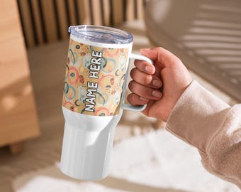 Custom Name Abstract Travel Mug With a Handle, Personalized Artistic Mug, Colorful Tumbler, Contemporary Mug, Creative Drinkware, Modern