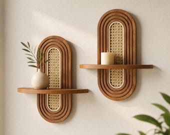 Mid Century Rattan Floating Shelves Set Of 2 | Oval Arch Walnut Wood Wall Shelves | Boho Living Room Decor | Modern Display Shelves