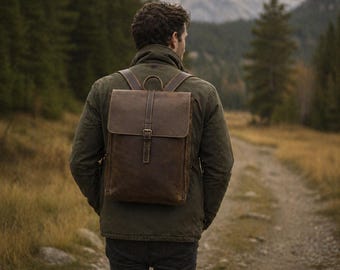 Men's Vintage Full Grain Leather Backpack, 14-Inch Laptop Rucksack, Minimalist Travel Bag