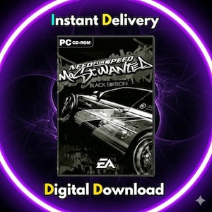 May include: A game case for "Need for Speed: Most Wanted - Black Edition" with a black and white car graphic. The text "Instant Delivery" and "Digital Download" are displayed in yellow. The game is for PC CD-ROM.
