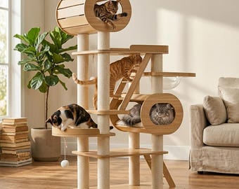 Modern Wooden Cat Tree Tower Large Multi Cat Condo Furniture With Scratching Posts