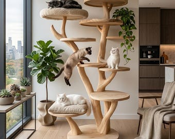 モダンな木製キャットツリータワー、大型高級キャットコンド、天然木製多層家具