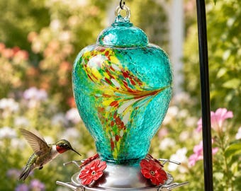 Kolibrimatare i glas, Aqua Nectar-matare, hängande fågelvattnare, röda blomportar, trädgårdsdekoration i utomhusstil, present till fågelälskare, veranda