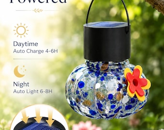 Solcellslampa för kolibrimatare, hängande glasnektarmatare, solcellslampa för trädgården, fågelmatare för blommor, present till fågelälskare, uteplatskonst