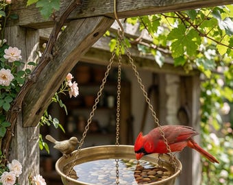 Messing dekreling vogelbad en hangende vogelvoederbak, klem op vogelbad op balkon, vintage cottagecore-tuindecor, waterbak wilde vogels