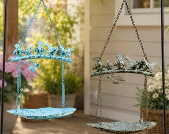 Hängande fågelmatare, vintage metallfågelbad trädgårdsdekor, rustik utomhusfågelmatare, antik stil uteplats trädgårdsprydnad, Cottagecore-present